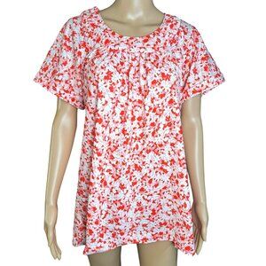 Vintage Red White Floral Short Sleeve Women Top Handmade 70s Polyester Peasant